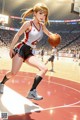 A woman in a basketball uniform holding a basketball on a court.